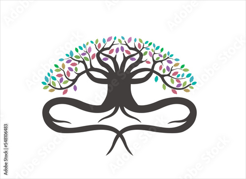 Yoga and meditation trainer logo. Yoga Tree vector illustration.