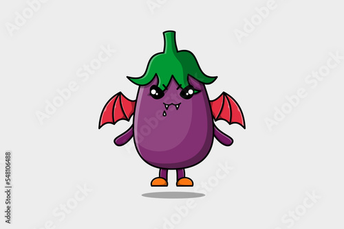 Cute mascot cartoon Eggplant character as dracula with wings in cute modern style 