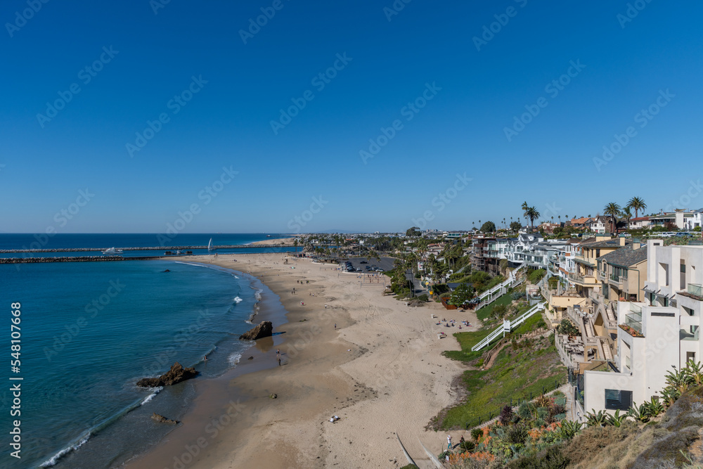 Scenic panoramic aerial Corona del Mar coast vista on a beautiful clear day, Southern California