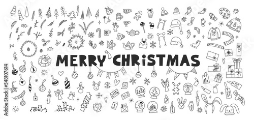 Christmas doodle clipart collection. Cozy winter and happy new year concept. Hand drawn cute xmas elements vector illustration set.
