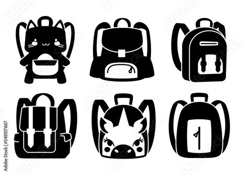 Set of backpacks icon. Collection of minimalistic stickers for social networks and messengers. Hiking and active lifestyle, camping. Cartoon flat vector illustrations isolated on white background