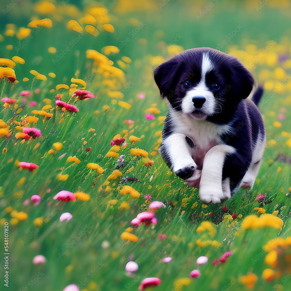 A Cute Black and White Puppy Playing in a Field A Cute Black and White Puppy Playing in a Field