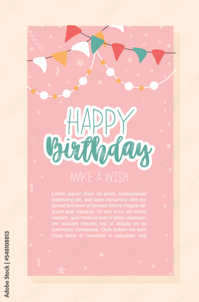 Birthday greeting postcard. Pink poster or banner for website with decorations for apartment and colorful flags. Holiday and festival. Gift, present and surprise. Cartoon flat vector illustration