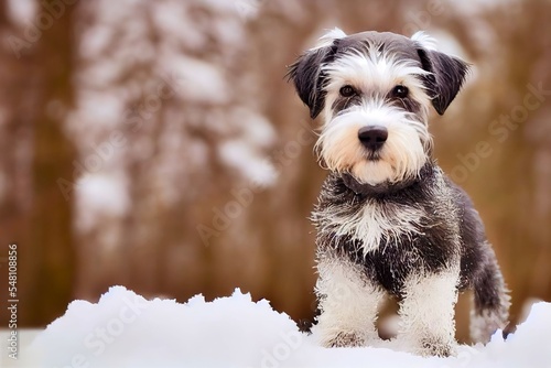 Photorealistic illustration of a schnauzer puppy in the snow