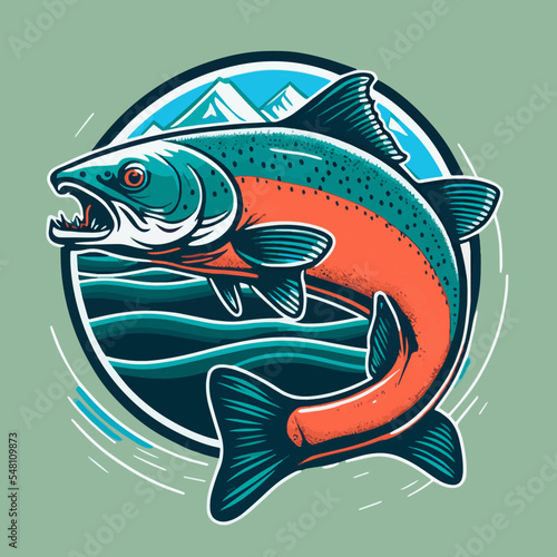 Vintage Salmon Fishing Illustration for Logo, Emblem, Mascot or Poster