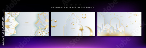 Realistic white golden ramadan background with arabic ornamental mandala pattern and mosque. Vector illustration for presentation design, flyer, social media cover, web banner, greeting card