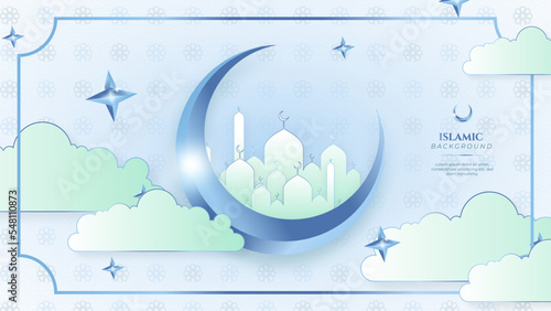 Blue green three dimensional ramadan background with arabic ornamental mandala pattern and mosque. Vector illustration for presentation design, flyer, social media cover, web banner, greeting card