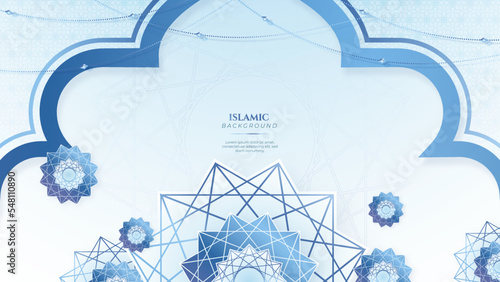 Blue green three dimensional ramadan background with arabic ornamental mandala pattern and mosque. Vector illustration for presentation design, flyer, social media cover, web banner, greeting card