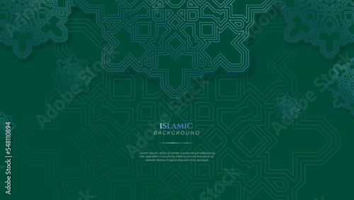 Blue green three dimensional ramadan background with arabic ornamental mandala pattern and mosque. Vector illustration for presentation design, flyer, social media cover, web banner, greeting card