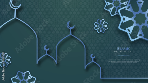 Blue green three dimensional ramadan background with arabic ornamental mandala pattern and mosque. Vector illustration for presentation design, flyer, social media cover, web banner, greeting card