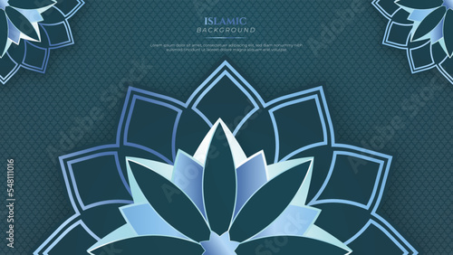 Blue green three dimensional ramadan background with arabic ornamental mandala pattern and mosque. Vector illustration for presentation design, flyer, social media cover, web banner, greeting card