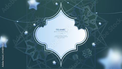 Blue green three dimensional ramadan background with arabic ornamental mandala pattern and mosque. Vector illustration for presentation design, flyer, social media cover, web banner, greeting card
