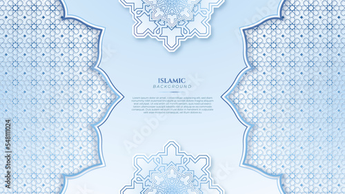 Blue green three dimensional ramadan background with arabic ornamental mandala pattern and mosque. Vector illustration for presentation design, flyer, social media cover, web banner, greeting card
