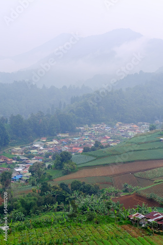 Natural scenery in Puncak, Bogor, Ciloto, Cianjur Regency, West Java. View of villages and plantations in Puncak area, Ciloto. photo