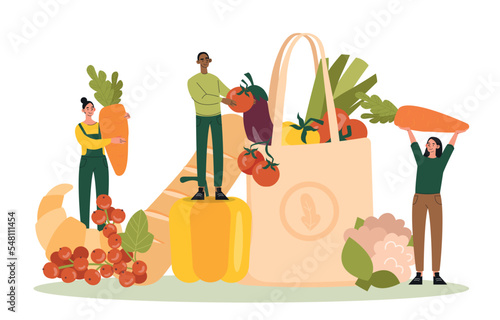 Eco friendly grocery package. Man and woman with vegetables next to packages. Natural and organic products, farming and agriculture. Poster or banner for website. Cartoon flat vector illustration