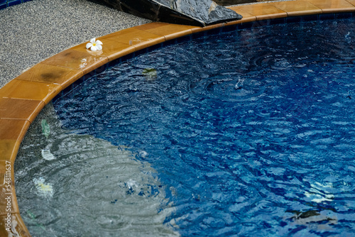 Blue swimming pool with plumeria flower in rainy weather. Paradise rest and relaxation.
