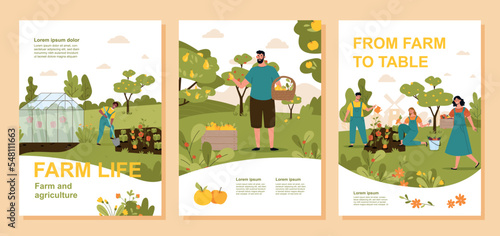 Farm banner set. Farming and harvesting, people with natural and organic products, vegetables. Men and women in garden collection. Cartoon flat vector illustrations isolated on beige background