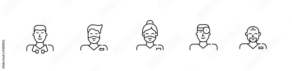 Medical professionals. Hospital staff icons. Nurses and doctors. Pixel perfect, editable stroke line