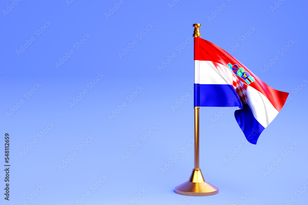Realistic national flag of Croatia . on steel pole on blue isolated background. Blank table flag , suitable for design, mockup. 3D illustration. Realistic national flag of Croatia . on steel pole on blue isolated background. Blank table flag , suitable for design, mockup. 3D illustration.
