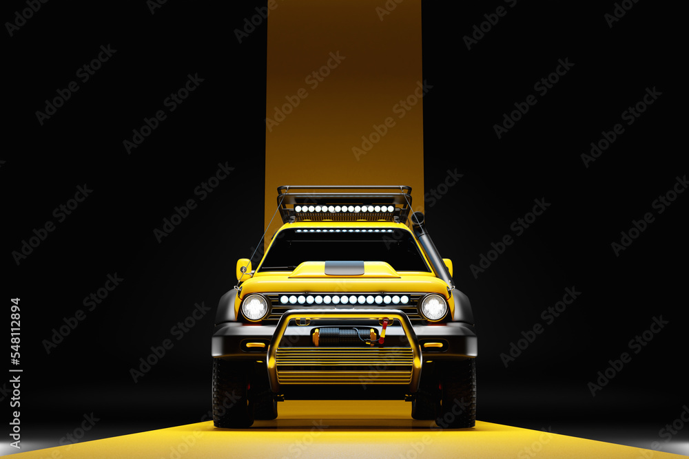 Yellow modern SUV prepared for safari on black   background - front   view - 3D illustration - obrazy, fototapety, plakaty 