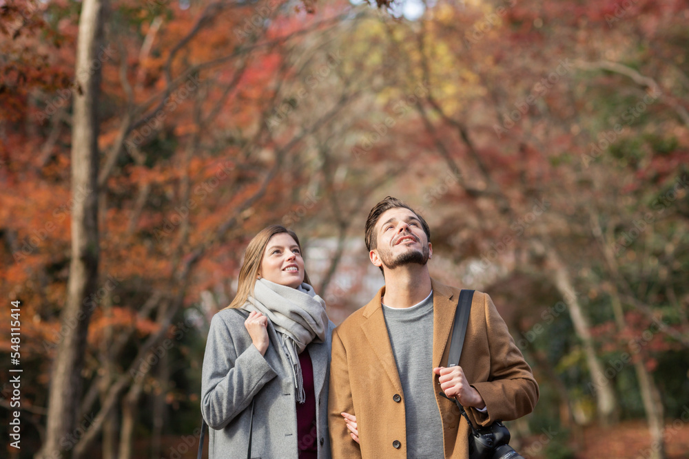 紅葉を楽しむ外国人の男女 紅葉を楽しむ外国人の男女