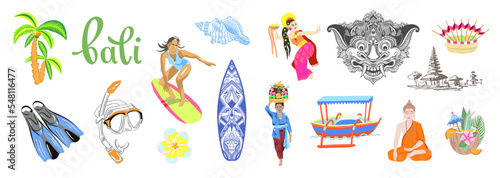 set of symbols Bali travel - religion, surfing and snorkeling on the island vector illustration.