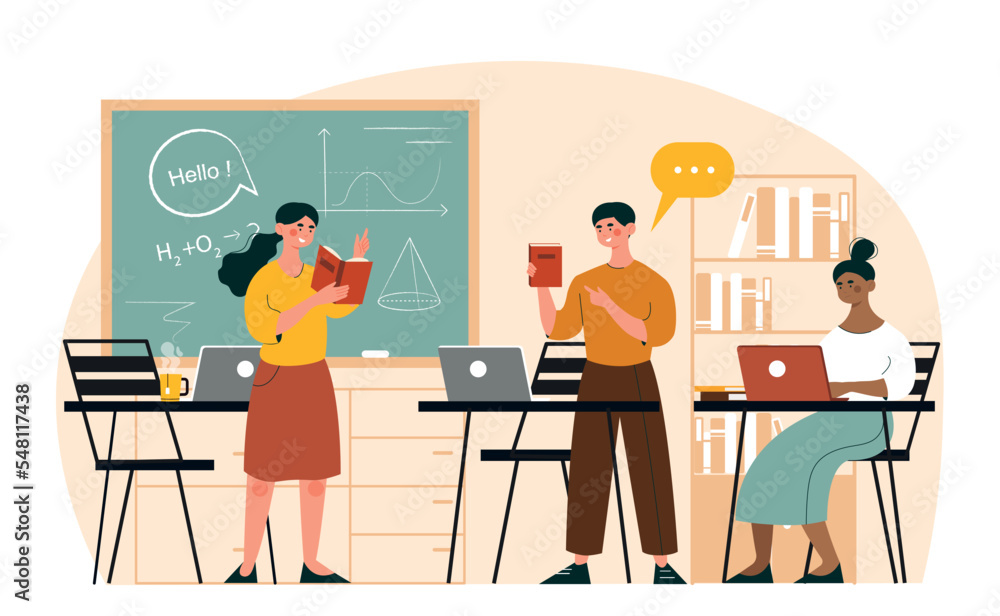 Lecture at college class. Man and woman next to teacher at blackboard, geometry and physics, formulas. Education and training. Knowledge and information concept. Cartoon flat vector illustration