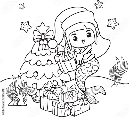 Christmas coloring book with cute mermaid girl