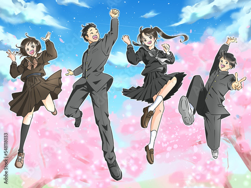 青空と桜を背景にジャンプする男女の学生　冬服　