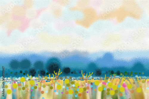 Semi abstract oil painting landscape meadow on canvas texture background.