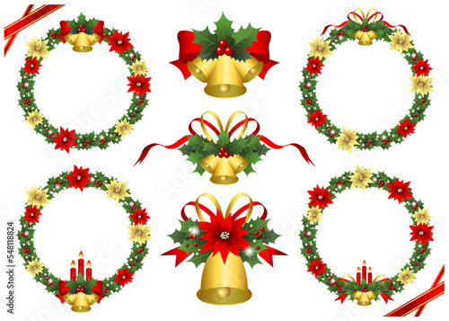 クリスマスリースとベルのアイコンセット