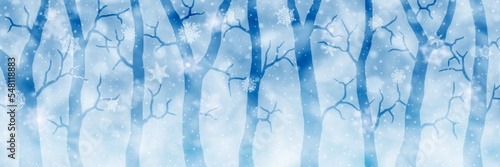 Stylized winter forest, snowy panoramic view, vector illustration