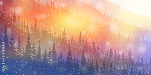 Dreamy winter forest, snowfall and bokeh effect, bright holiday background, vector illustration