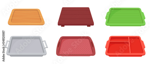 A set of plastic food trays.Trays for carrying food and serving in fast food establishments and cafeterias .Trays made of wood, metal and plastic.Vector illustration.