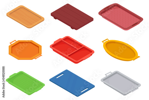 A set of isometric plastic food trays.Trays for carrying food and serving in fast food establishments and cafeterias .Trays made of wood, metal and plastic.Vector illustration.