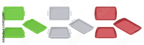 A set of plastic food trays.Trays for carrying food and serving in fast food establishments and cafeterias .Trays made of wood, metal and plastic.Vector illustration.