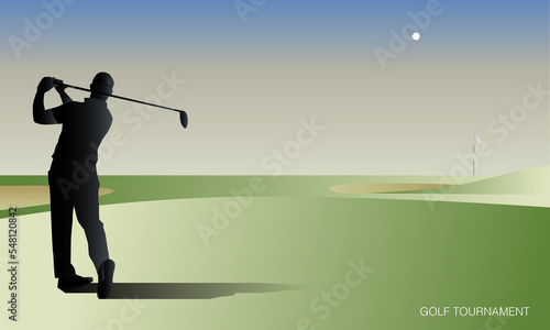 Golfclub competition poster. Template for golf competition or championship event. Blue sky and green golf field.