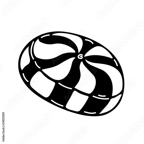 Striped round candy vector icon. Peppermint sweet, spiral swirling caramel. Hand drawn doodle, outline. Illustration isolated on white. Dessert without wrapper. Simple clipart for logo, apps, prints