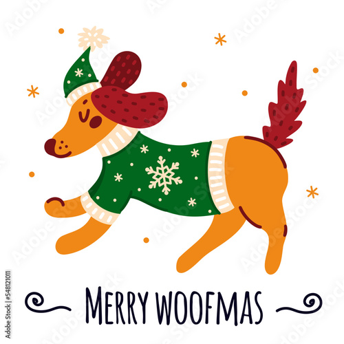 Cute Christmas dog in a warm sweater, hat. Running dachshund puppy in a jacket decorated with snowflakes. Merry woofmas. Bright animal isolated on white. Simple flat clipart for cards, posters, prints