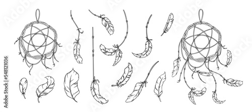 Dreamcatcher and feathers sketch. Native american decor with feathers and dream catchers. Vector illustration isolated on white background