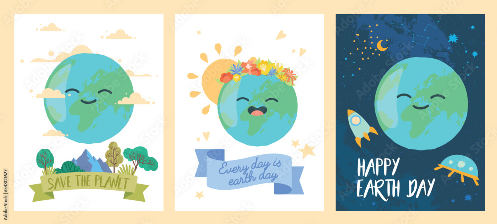 Save planet set. Collection of posters and banners for website. Ecology and care for nature, environment. Holiday and festival. Cartoon flat vector illustrations isolated on beige background