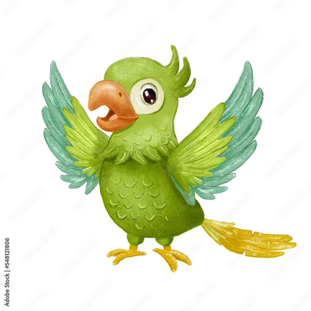 Naklejka premium Green parrot bird standing and wave wing. Hand drawn cartoon character isolated on white.