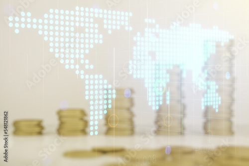 Multi exposure of abstract graphic world map on coins background, big data and networking concept