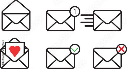 Message mail icon vector set. E-mail envelope icon illustration pack. Inbox, sending, opened, received, texting, write, favorite, love, sent, delivered, download of mail sign symbol. 
