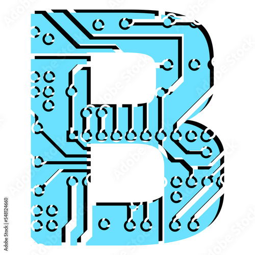 Latin digital letter B perforated with PCB circuit board tracks isolated on white. Colored capital initial letter for headlines of modern digital world. Design element.