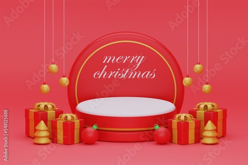 Christmas podium surrounded by trees  lights and gifts. 3d rendering