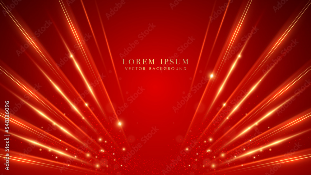 Golden lines with sparkle glow, glitter light and beam effect on red luxury background Stock
