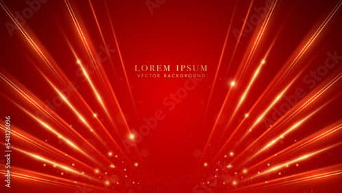Golden lines with sparkle glow, glitter light and beam effect on red luxury background