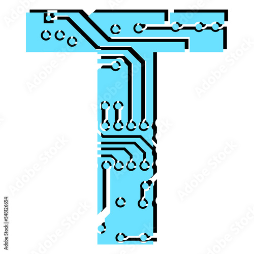Latin digital letter T perforated with PCB circuit board tracks isolated on white. Colored capital initial letter for headlines of modern digital world. Design element.