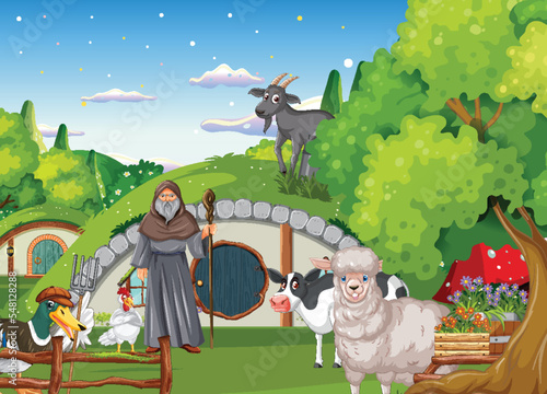 Fantasy cartoon scene with farm animals